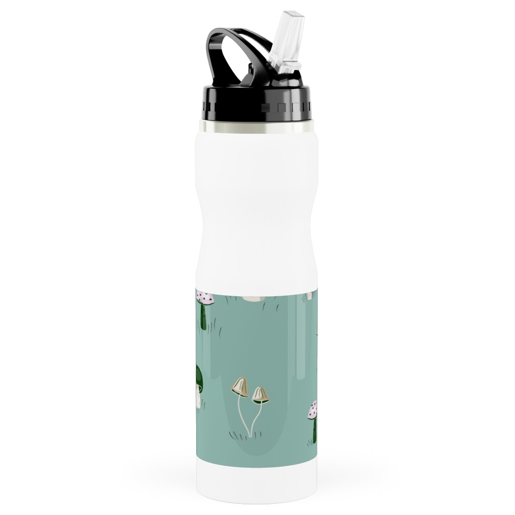 Mushroom Field - Green Stainless Steel Water Bottle with Straw, 25oz, With Straw, Green