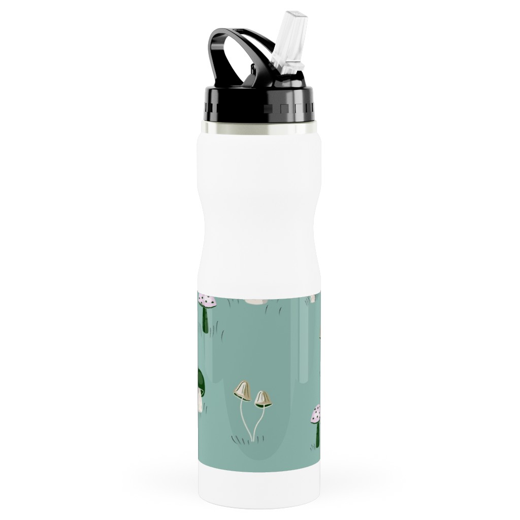 Mushroom Field - Green Stainless Steel Water Bottle with Straw, 25oz, With Straw, Green, Classic Green