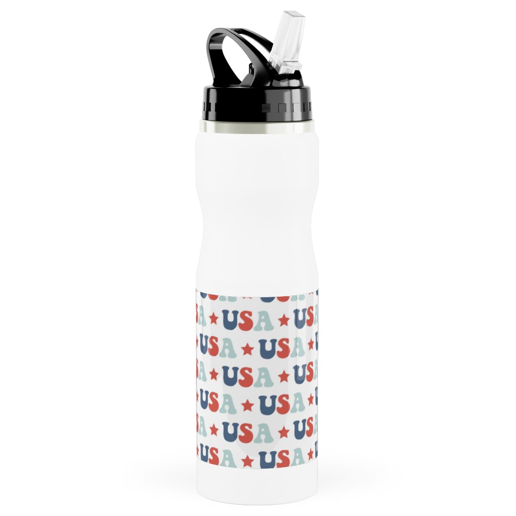 Usa - Groovy Vintage - Red White Blue Stainless Steel Water Bottle with Straw, 25oz, With Straw, Multicolor
