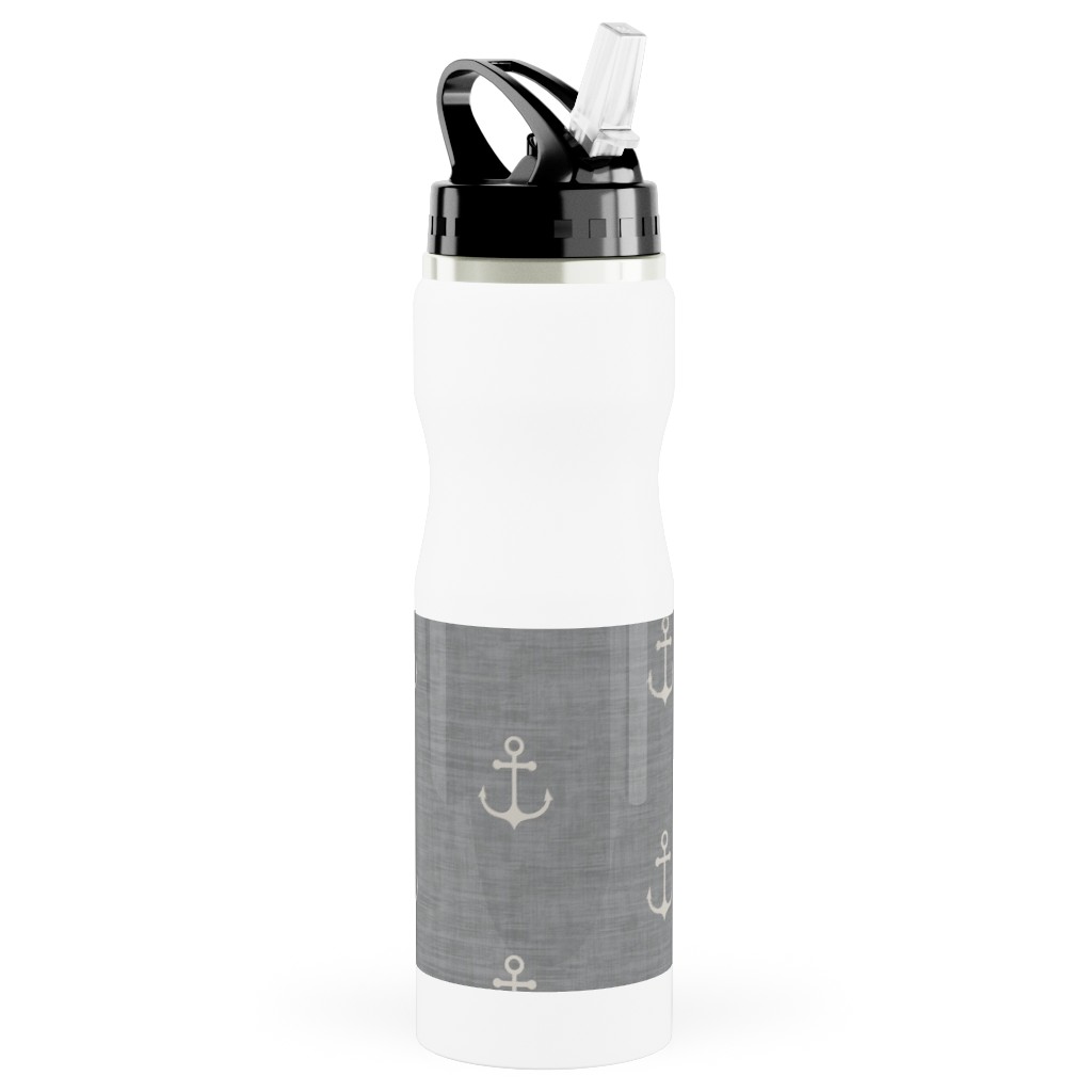 Anchor - Ivory on Light Grey Texture Stainless Steel Water Bottle with Straw, 25oz, With Straw, Gray, Gray