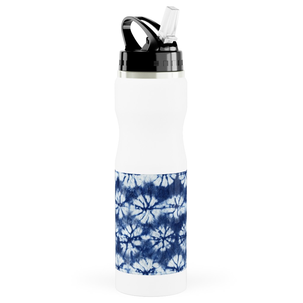 Shibori Pine - Blue Stainless Steel Water Bottle with Straw, 25oz, With Straw, Blue
