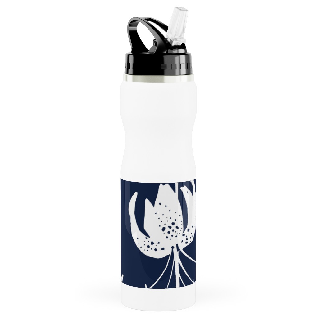 Lily Stripe - Blue Stainless Steel Water Bottle with Straw, 25oz, With Straw, Blue, True Blue
