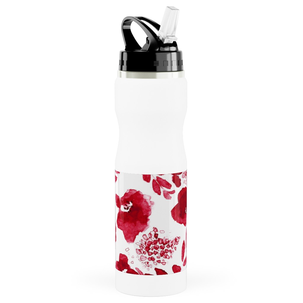 Floret Floral - Red Stainless Steel Water Bottle with Straw, 25oz, With Straw, Red, Red