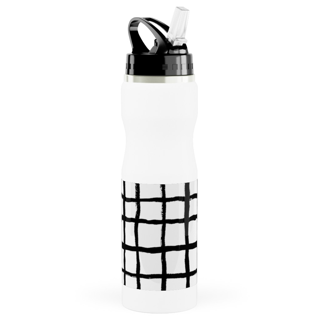 Simple Grid - Classic - Black and White Stainless Steel Water Bottle with Straw, 25oz, With Straw, Black