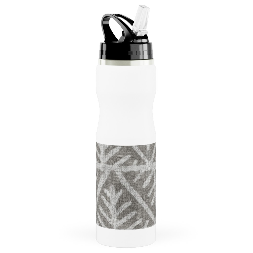 Textured Mudcloth Stainless Steel Water Bottle with Straw, 25oz, With Straw, Gray, Silver