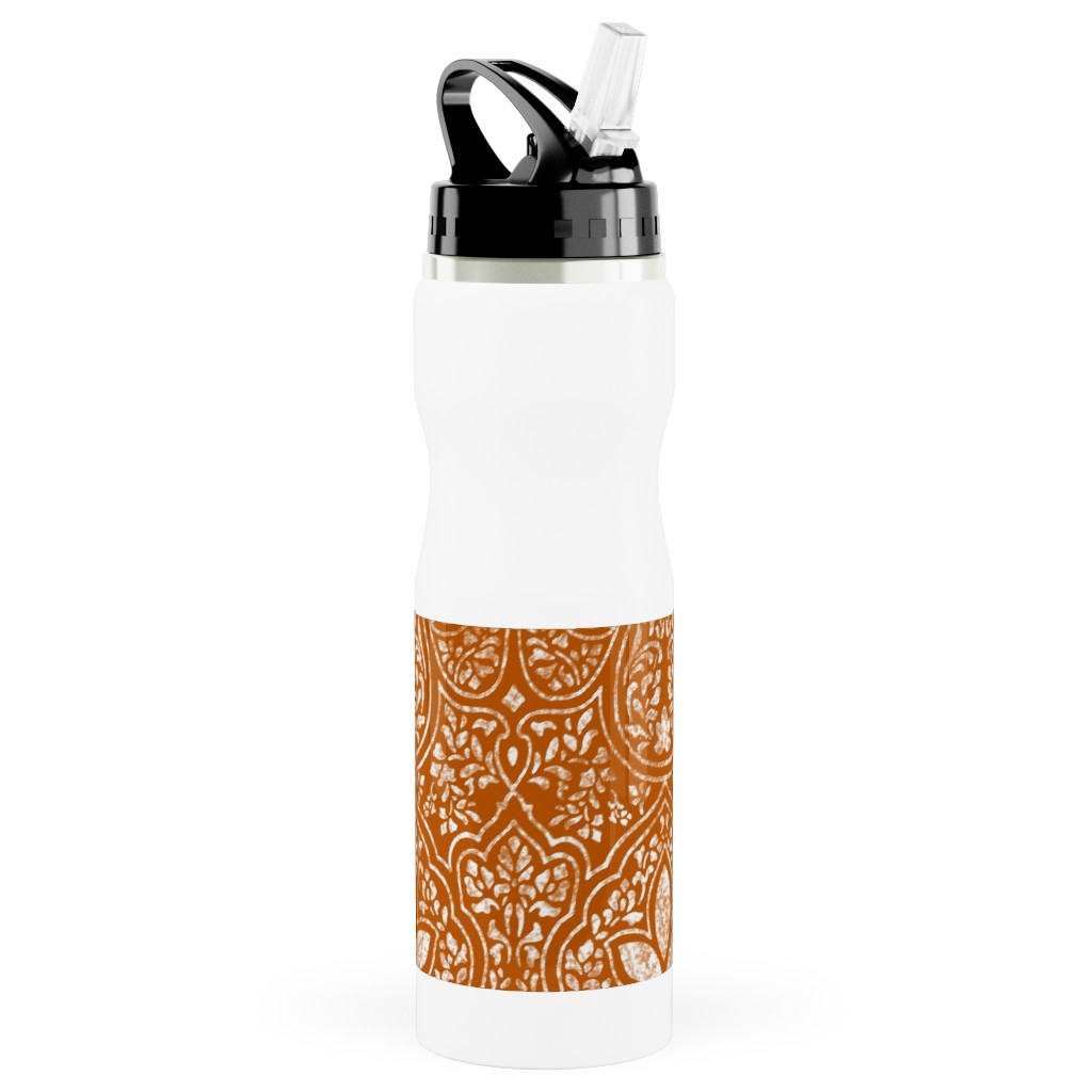 Rajkumari Batik - Spice and White Stainless Steel Water Bottle with Straw, 25oz, With Straw, Orange, Orange