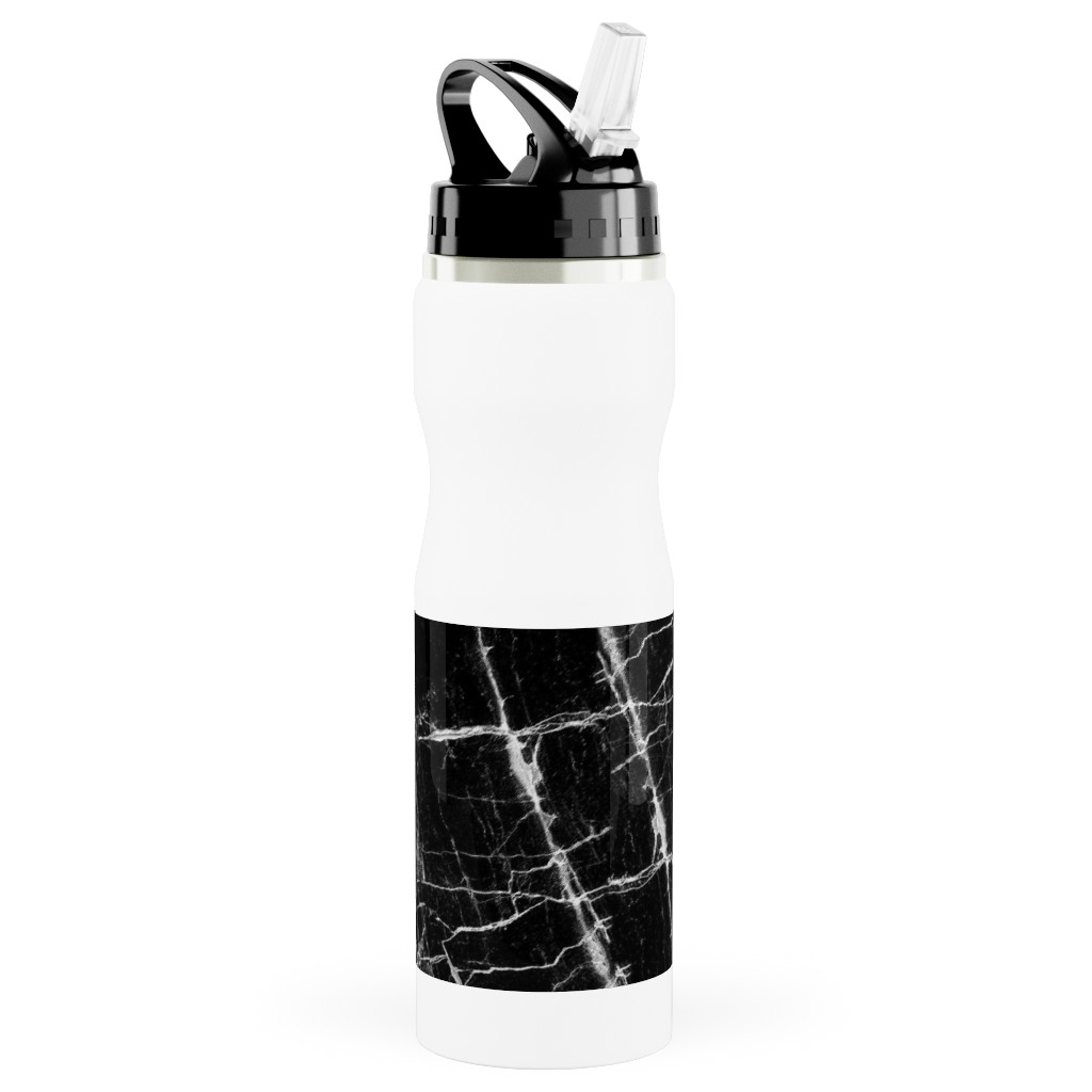 Cracked Black Marble Stainless Steel Water Bottle with Straw, 25oz, With Straw, Black