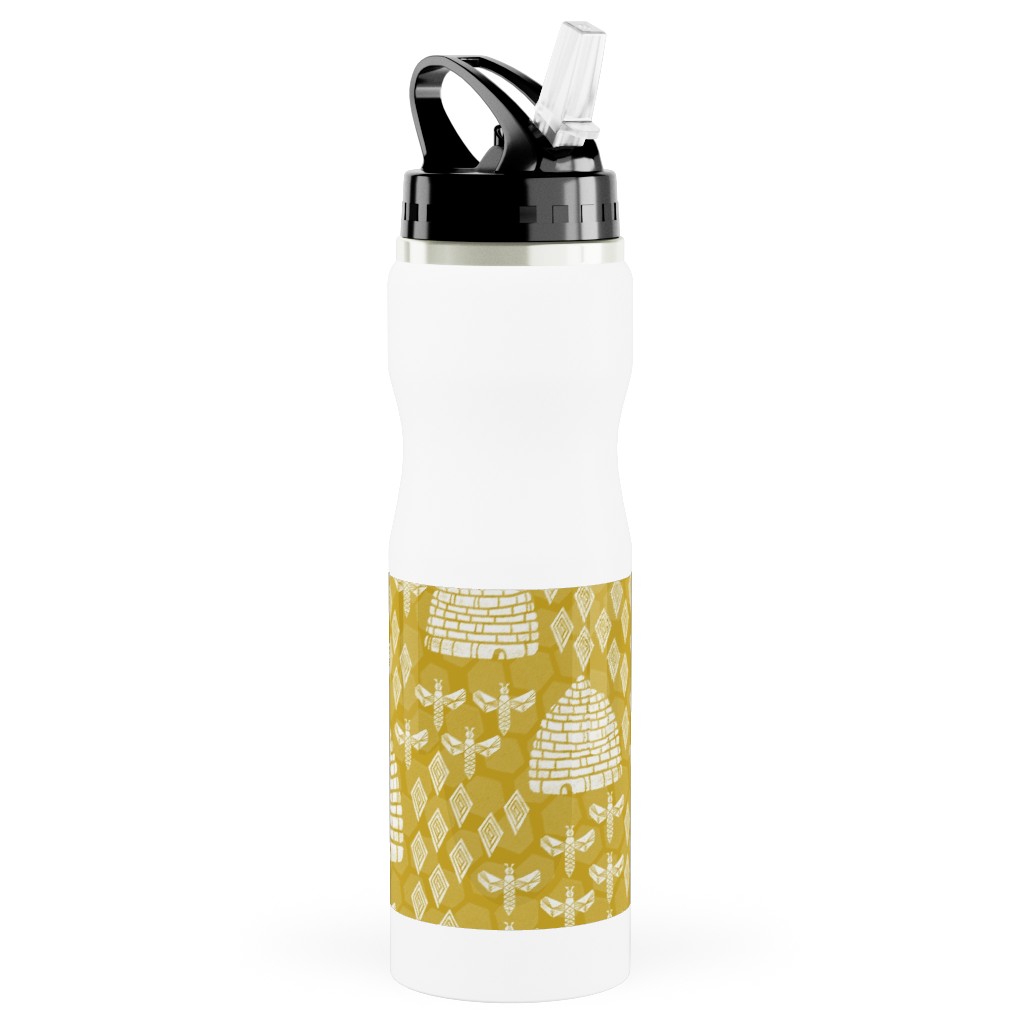 Bee Hives, Spring Florals Linocut Block Printed - Golden Yellow Stainless Steel Water Bottle with Straw, 25oz, With Straw, Yellow