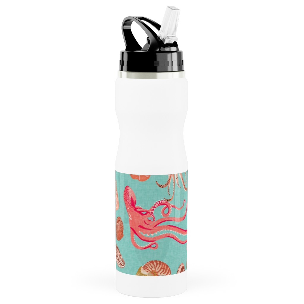 Ocean Creatures - Red on Green Stainless Steel Water Bottle with Straw, 25oz, With Straw, Red, Red