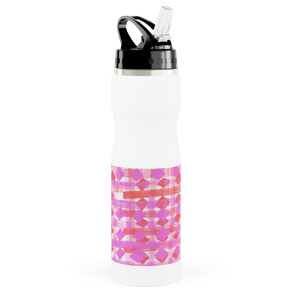 Brush Stripes Geometric - Pink Stainless Steel Water Bottle with Straw, 25oz, With Straw, Pink