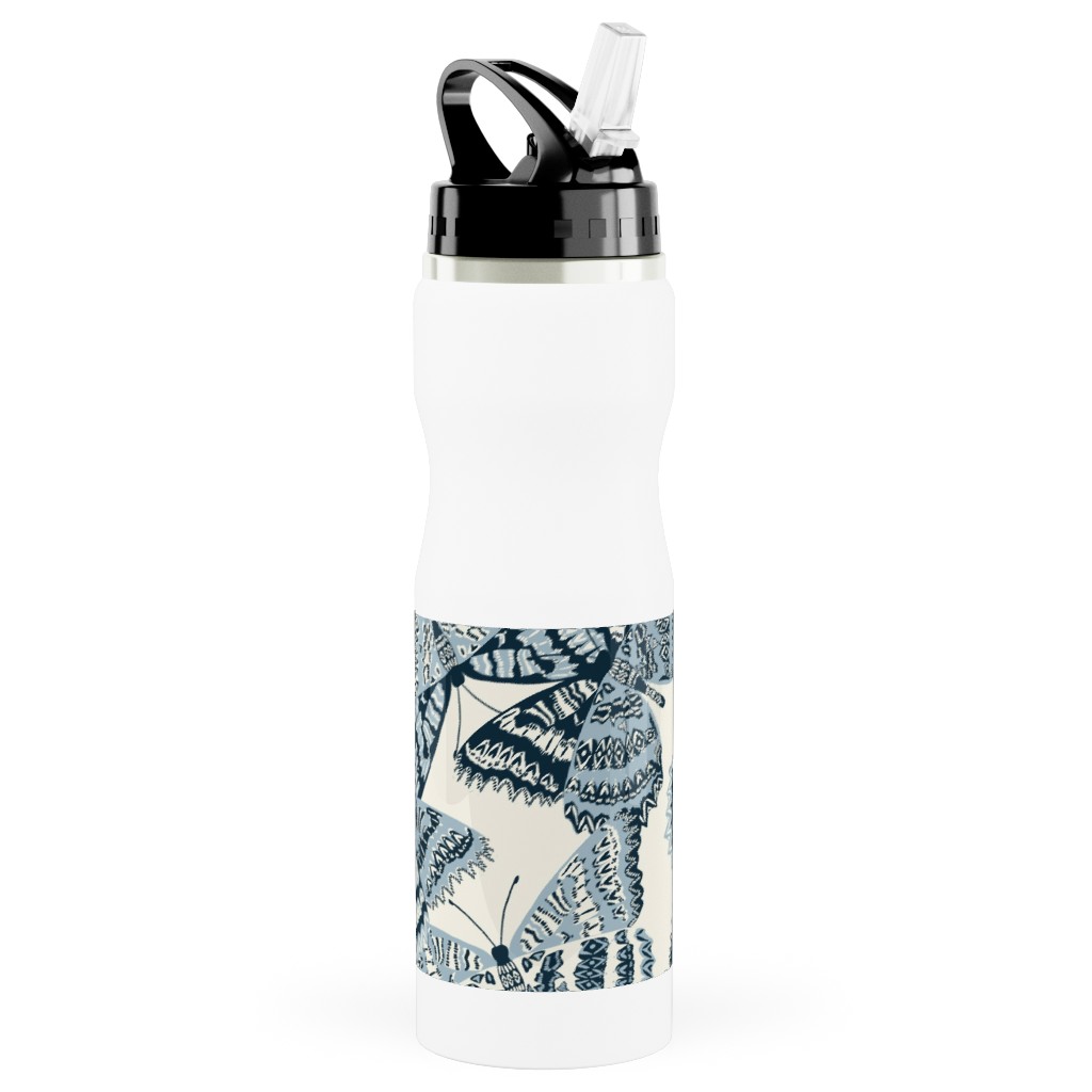 Butterfly - Hand Drawn - Blue Stainless Steel Water Bottle with Straw, 25oz, With Straw, Blue, True Blue