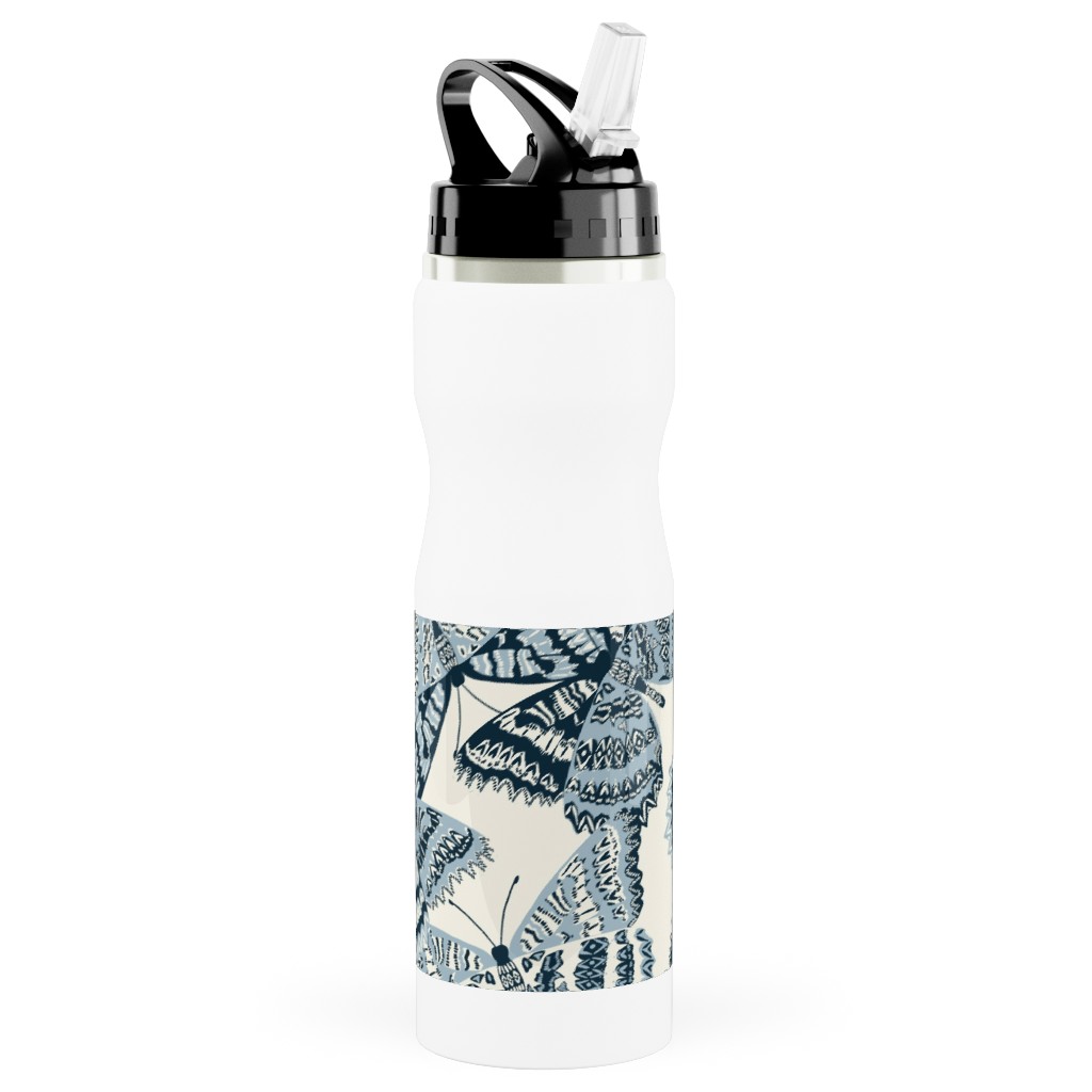 Butterfly - Hand Drawn - Blue Stainless Steel Water Bottle with Straw, 25oz, With Straw, Blue