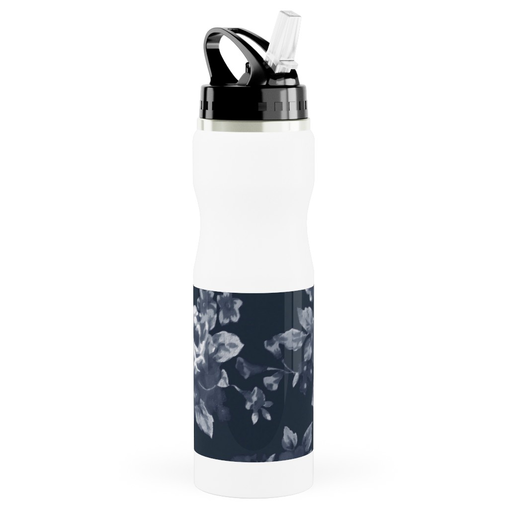 Navy Floral Stainless Steel Water Bottle with Straw, 25oz, With Straw, Blue