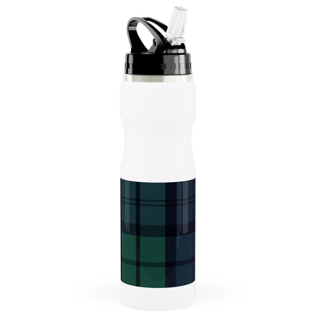 Dark Green Plaid Stainless Steel Water Bottle with Straw, 25oz, With Straw, Green