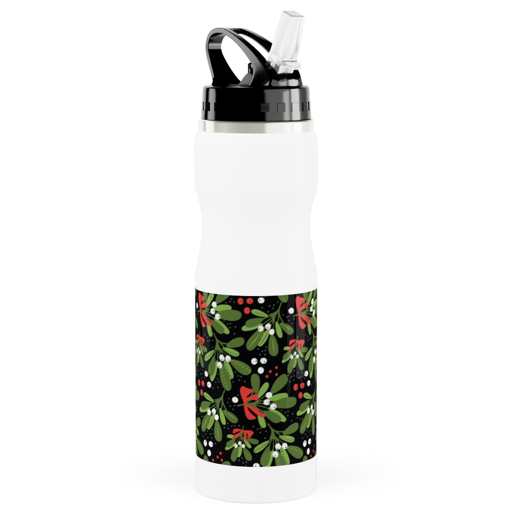 Mistletoe Night on Black Stainless Steel Water Bottle with Straw, 25oz, With Straw, Multicolor