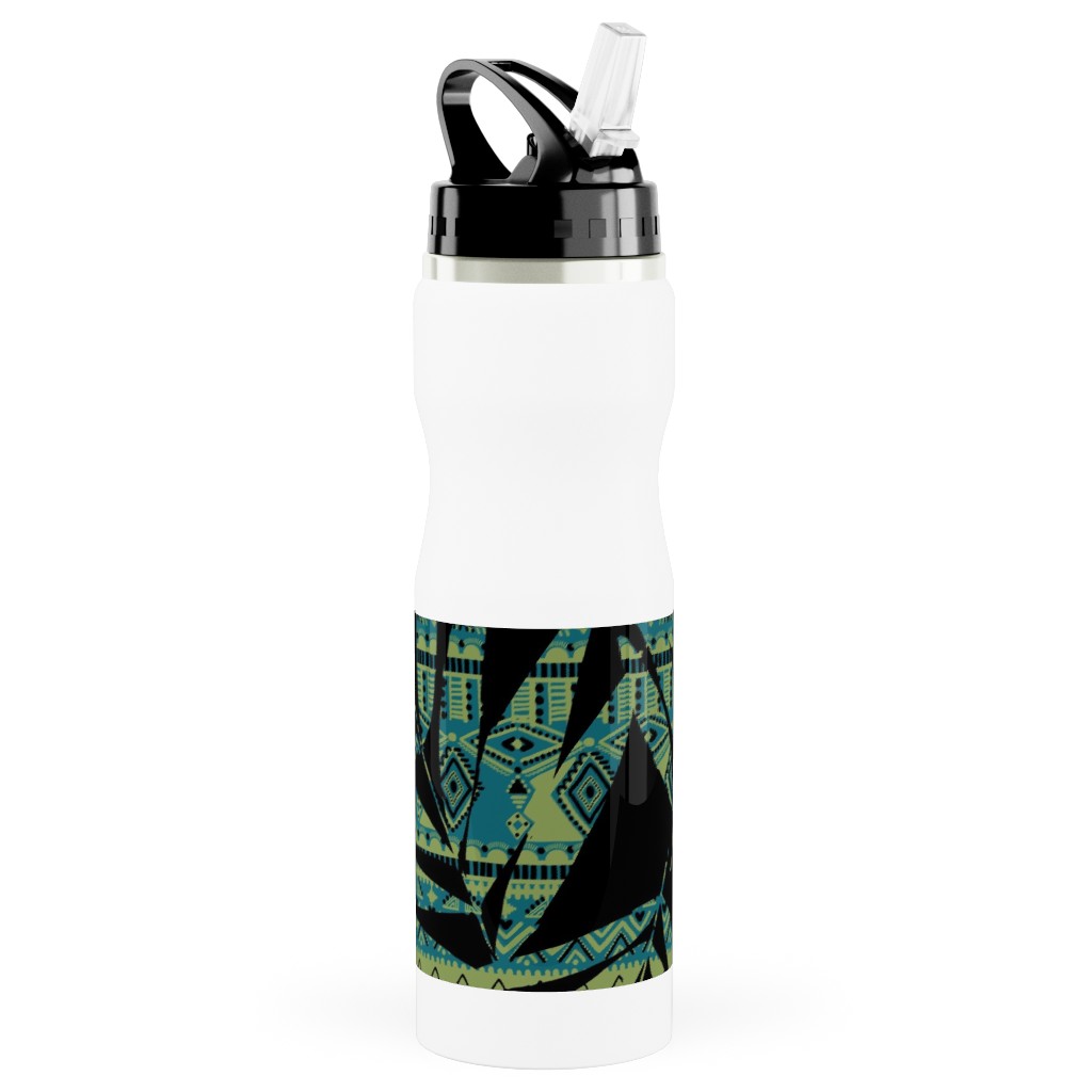 Patterned Palm - Dark Stainless Steel Water Bottle with Straw, 25oz, With Straw, Black