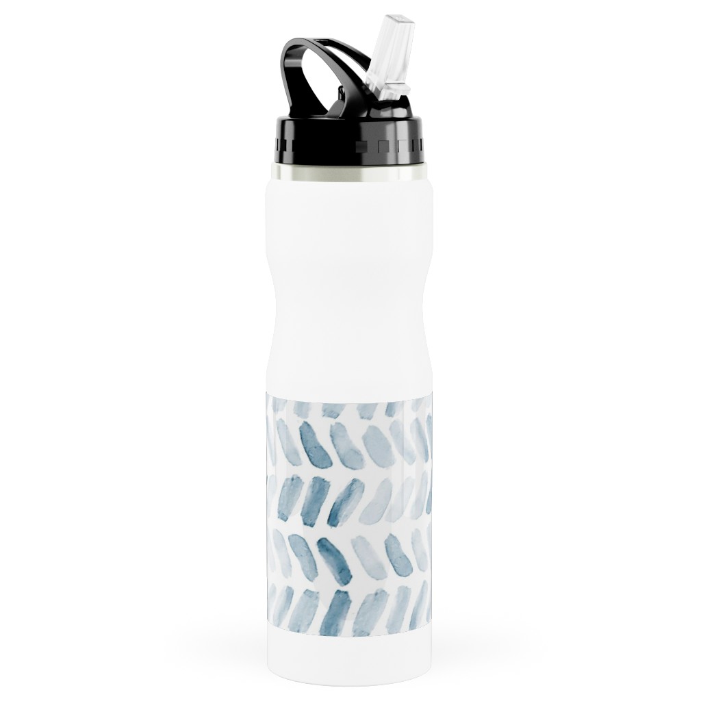 Watercolor Herringbone - Blue Stainless Steel Water Bottle with Straw, 25oz, With Straw, Blue