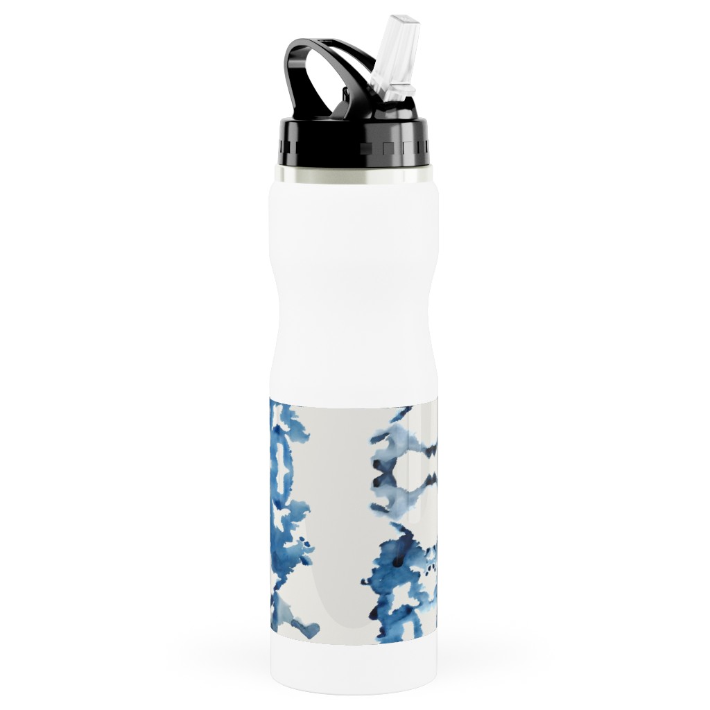 Small Rorschach Stripe - Indigo Blues Stainless Steel Water Bottle with Straw, 25oz, With Straw, Blue