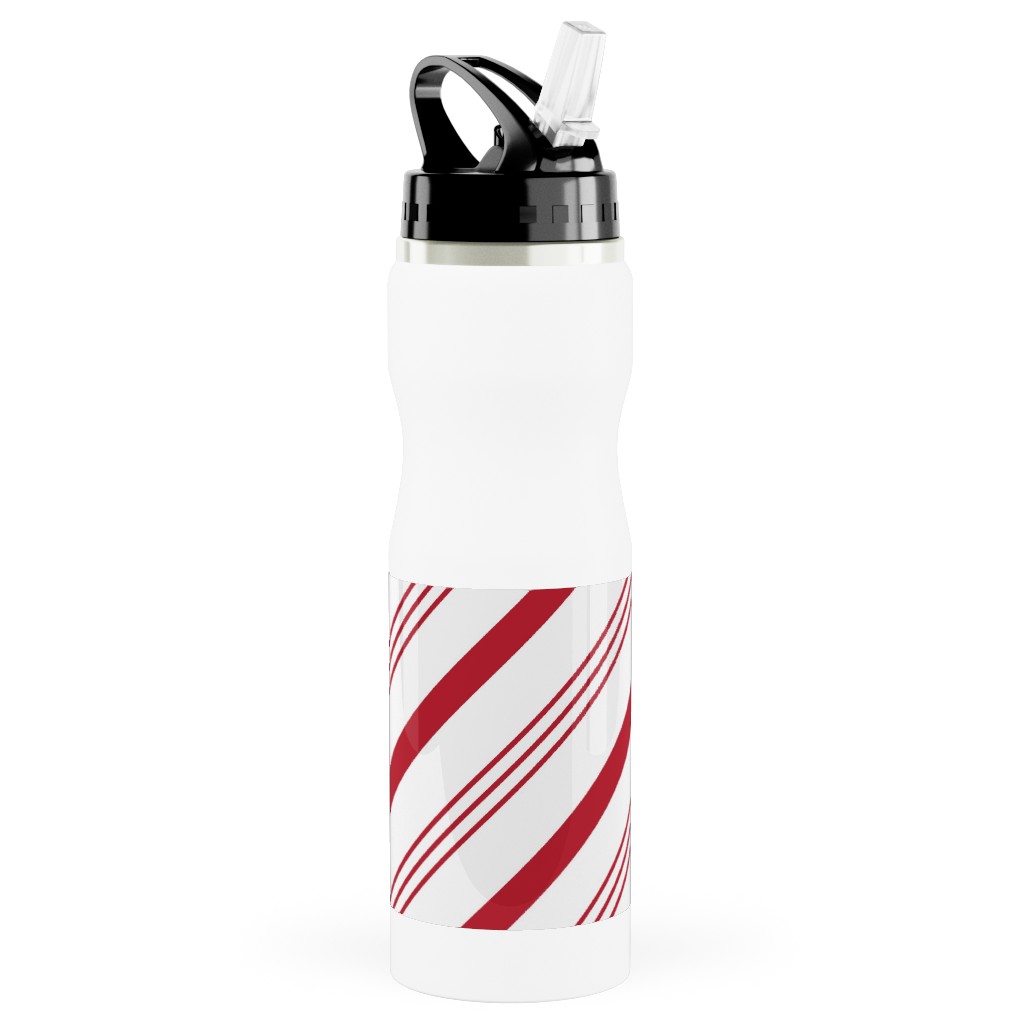 Candy Cane Stripes - Red on White Stainless Steel Water Bottle with Straw, 25oz, With Straw, Red, Red