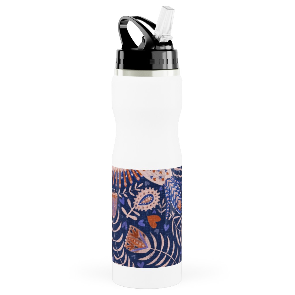 Swedish Folk Art Birds - Blue Stainless Steel Water Bottle with Straw, 25oz, With Straw, Blue
