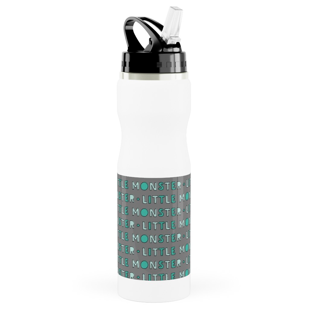 (Small Scale) Little Monster || Green on Grey Stainless Steel Water Bottle with Straw, 25oz, With Straw, Green