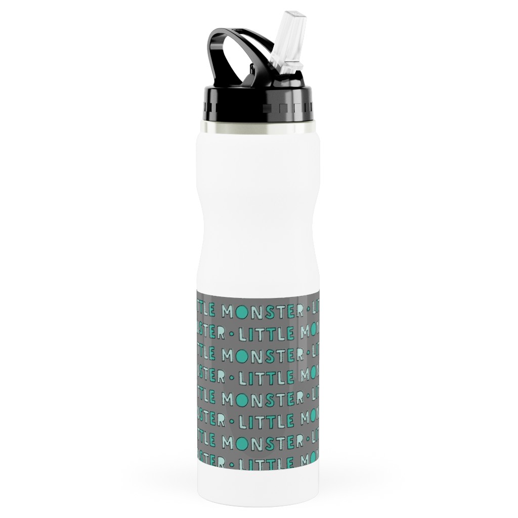 (Small Scale) Little Monster || Green on Grey Stainless Steel Water Bottle with Straw, 25oz, With Straw, Green, Classic Green