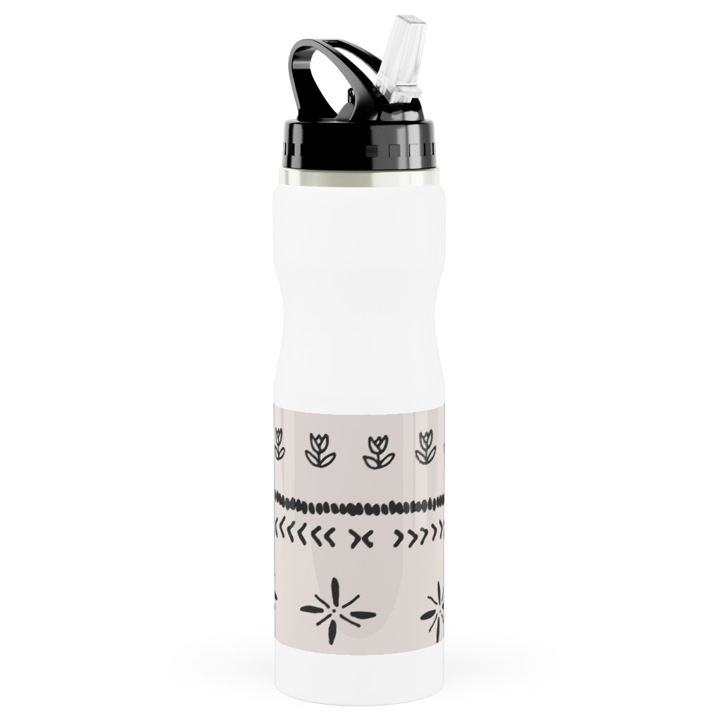 Boho Print Stainless Steel Water Bottle with Straw, 25oz, With Straw, Beige, Silver Lining