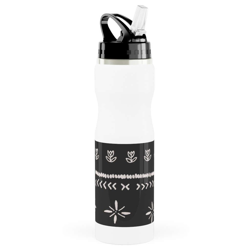 Boho Print Stainless Steel Water Bottle with Straw, 25oz, With Straw, Black