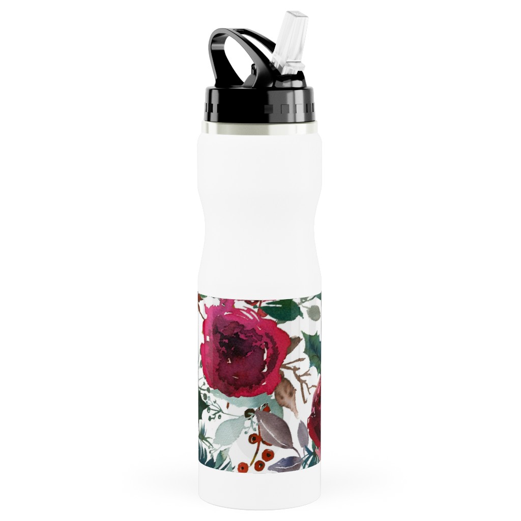 Holiday Florals Red on White Stainless Steel Water Bottle with Straw, 25oz, With Straw, Multicolor