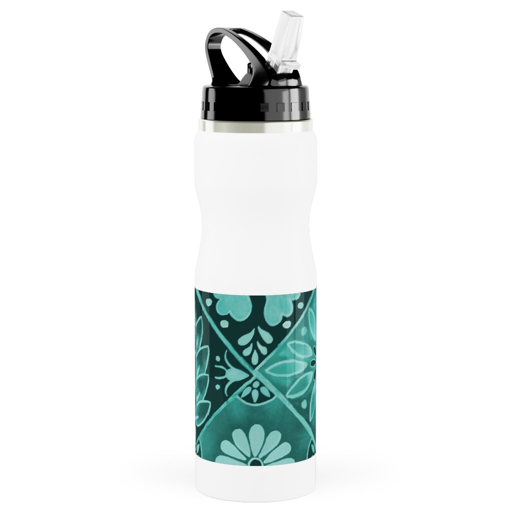 Watercolor Talavera Tiles Stainless Steel Water Bottle with Straw, 25oz, With Straw, Green