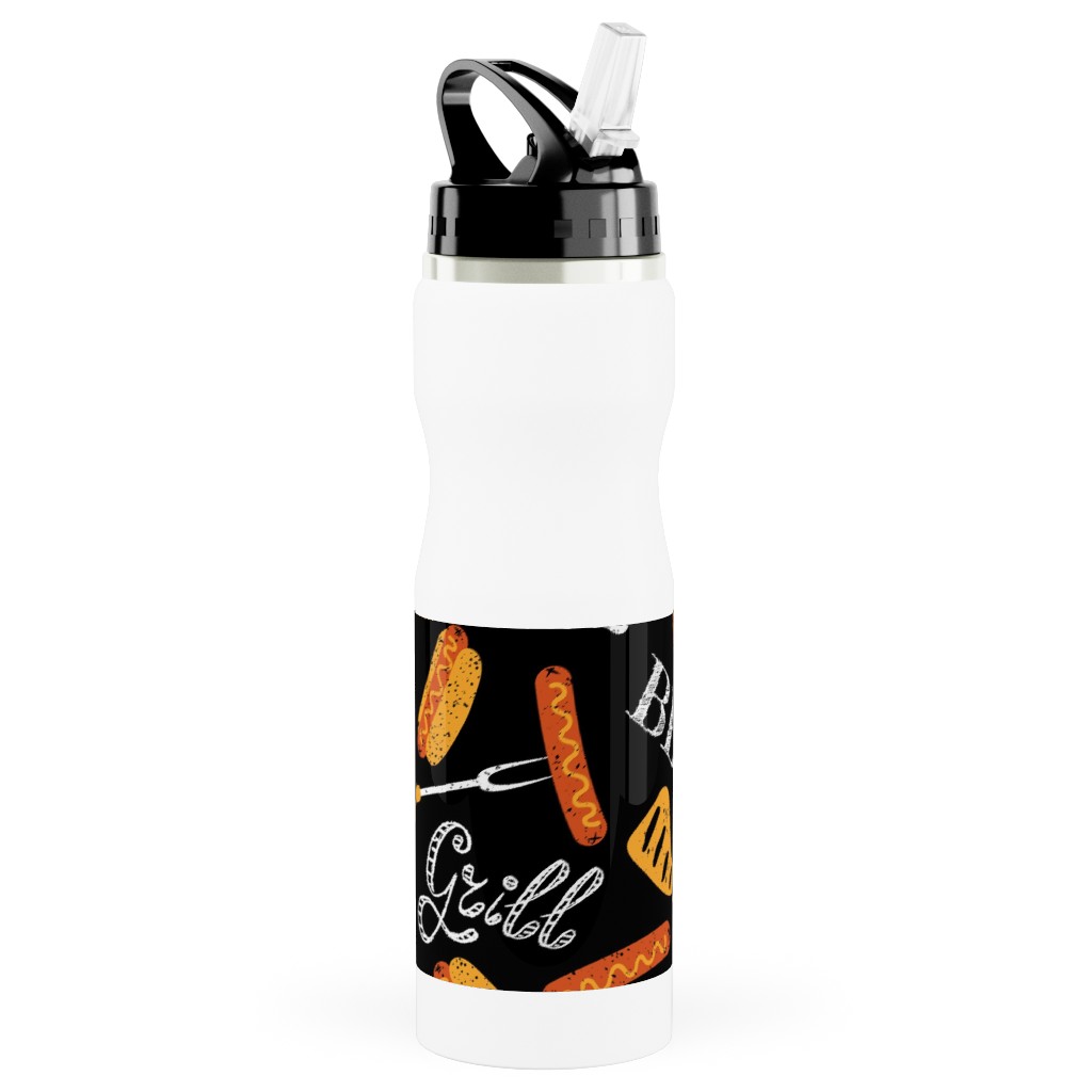 Bbq - Dark Stainless Steel Water Bottle with Straw, 25oz, With Straw, Black