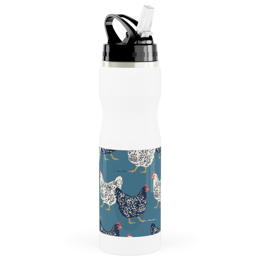 Farmhouse Chickens - Blue Stainless Steel Water Bottle with Straw, 25oz, With Straw, Blue