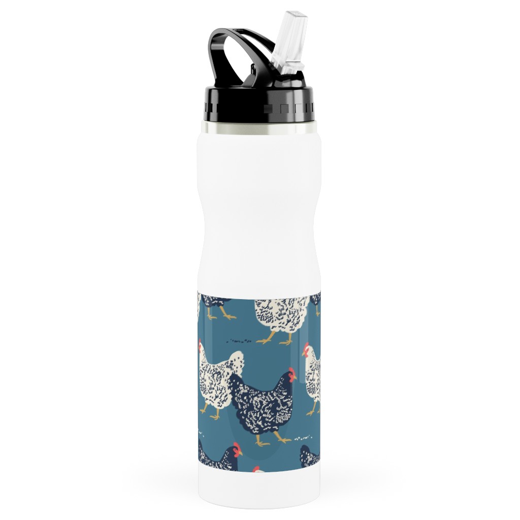 Farmhouse Chickens - Blue Stainless Steel Water Bottle with Straw, 25oz, With Straw, Blue, True Blue