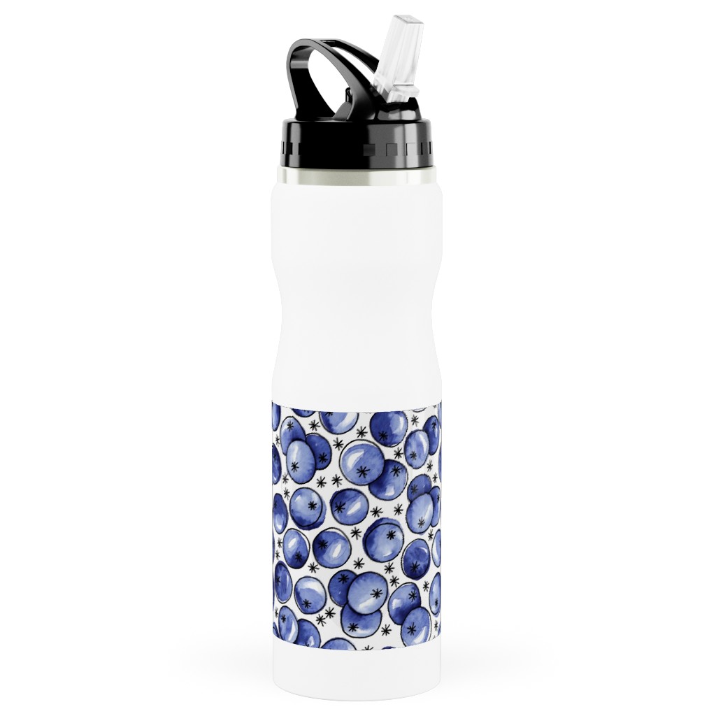 Watercolor Blueberries Stainless Steel Water Bottle with Straw, 25oz, With Straw, Blue, True Blue