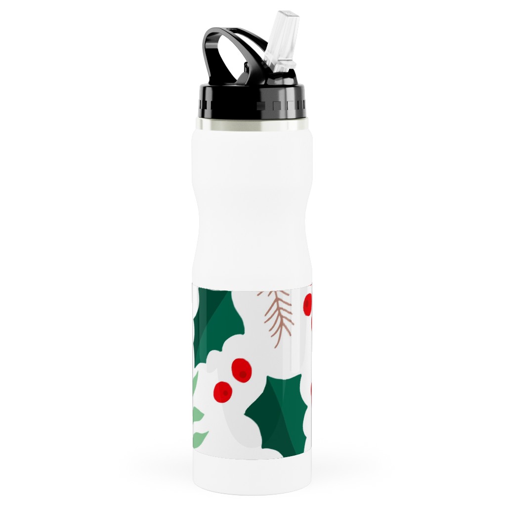 Botanical Christmas Garden Pine Leaves Holly Branch Berries - Green and Red Stainless Steel Water Bottle with Straw, 25oz, With Straw, Green