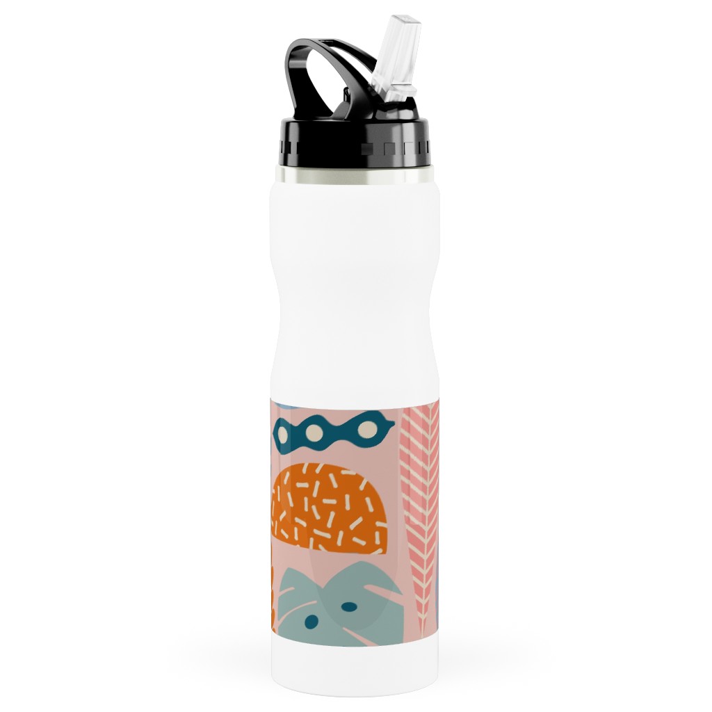 Retro Tropical Pattern Stainless Steel Water Bottle with Straw, 25oz, With Straw, Multicolor