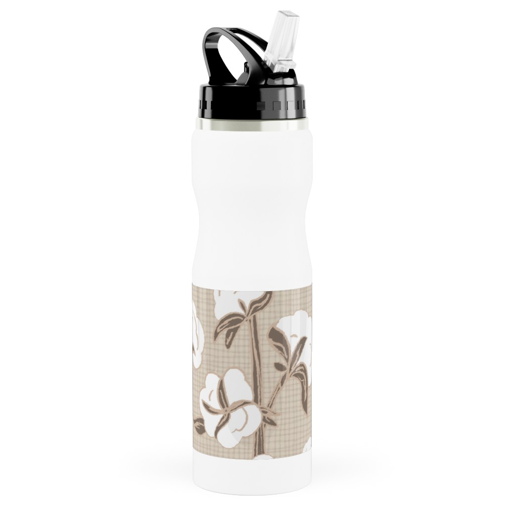 Cotton Stalk Stripe - Brown Stainless Steel Water Bottle with Straw, 25oz, With Straw, Beige, Pearl