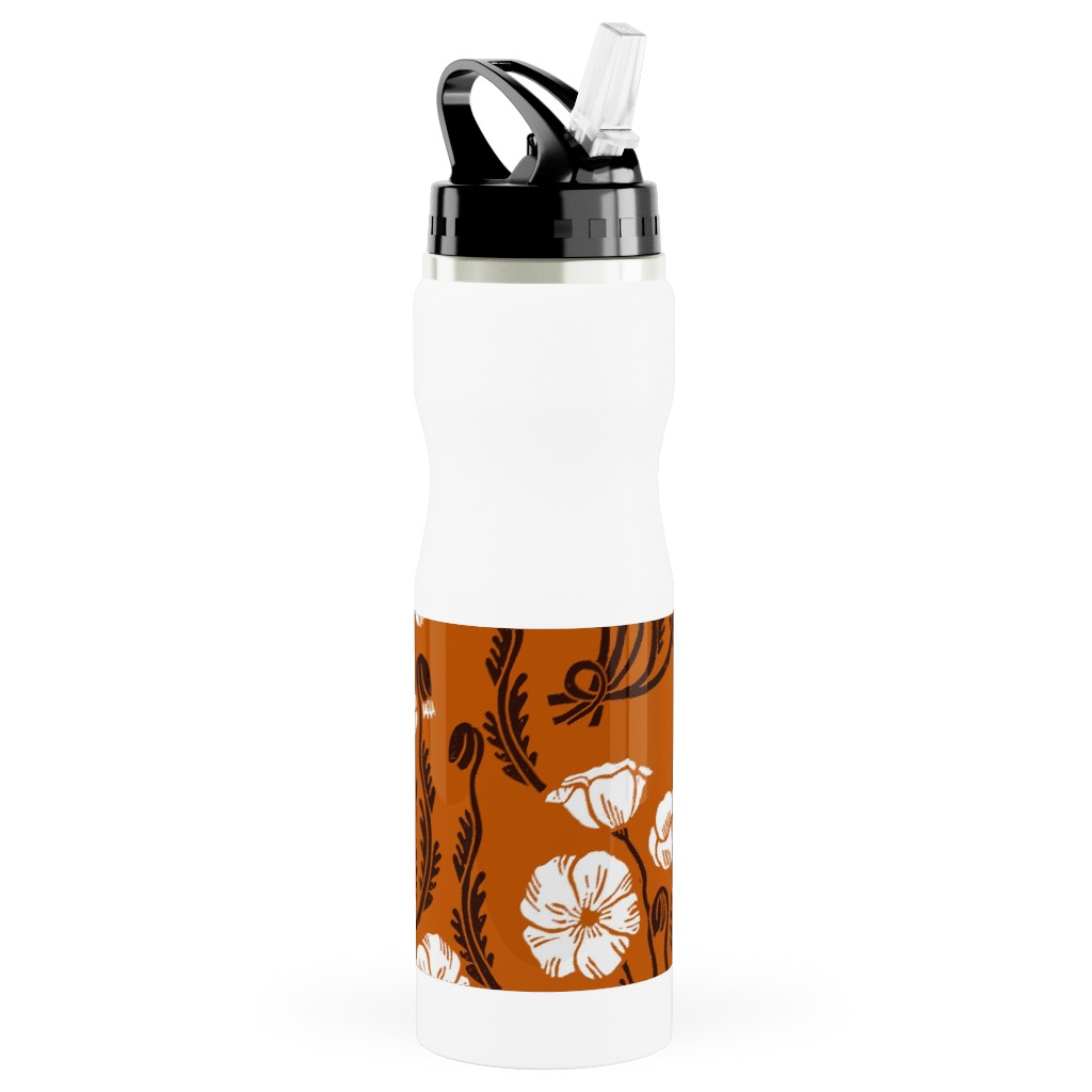 Poppy, Fall Harvest Block Printed Vintage Florals Stainless Steel Water Bottle with Straw, 25oz, With Straw, Orange