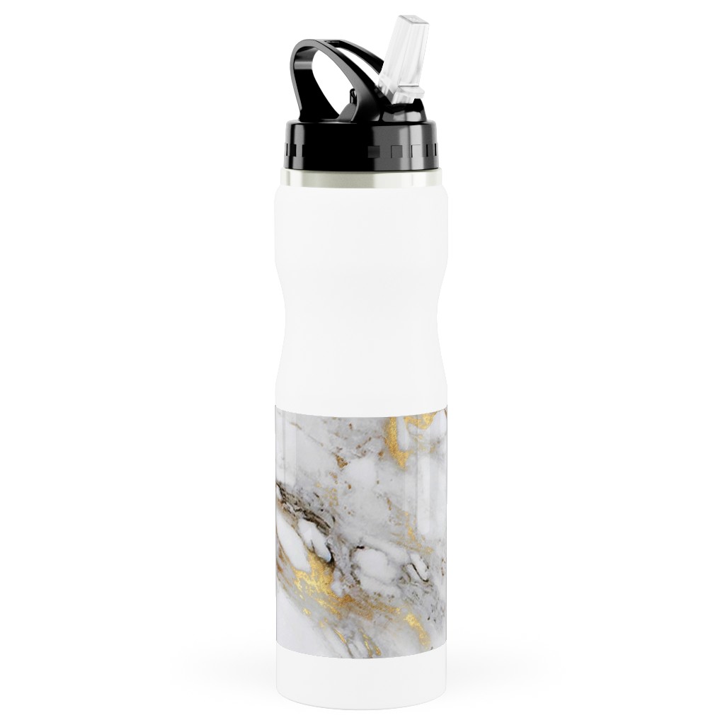 Gilded Marble - Gray Stainless Steel Water Bottle with Straw, 25oz, With Straw, Gray