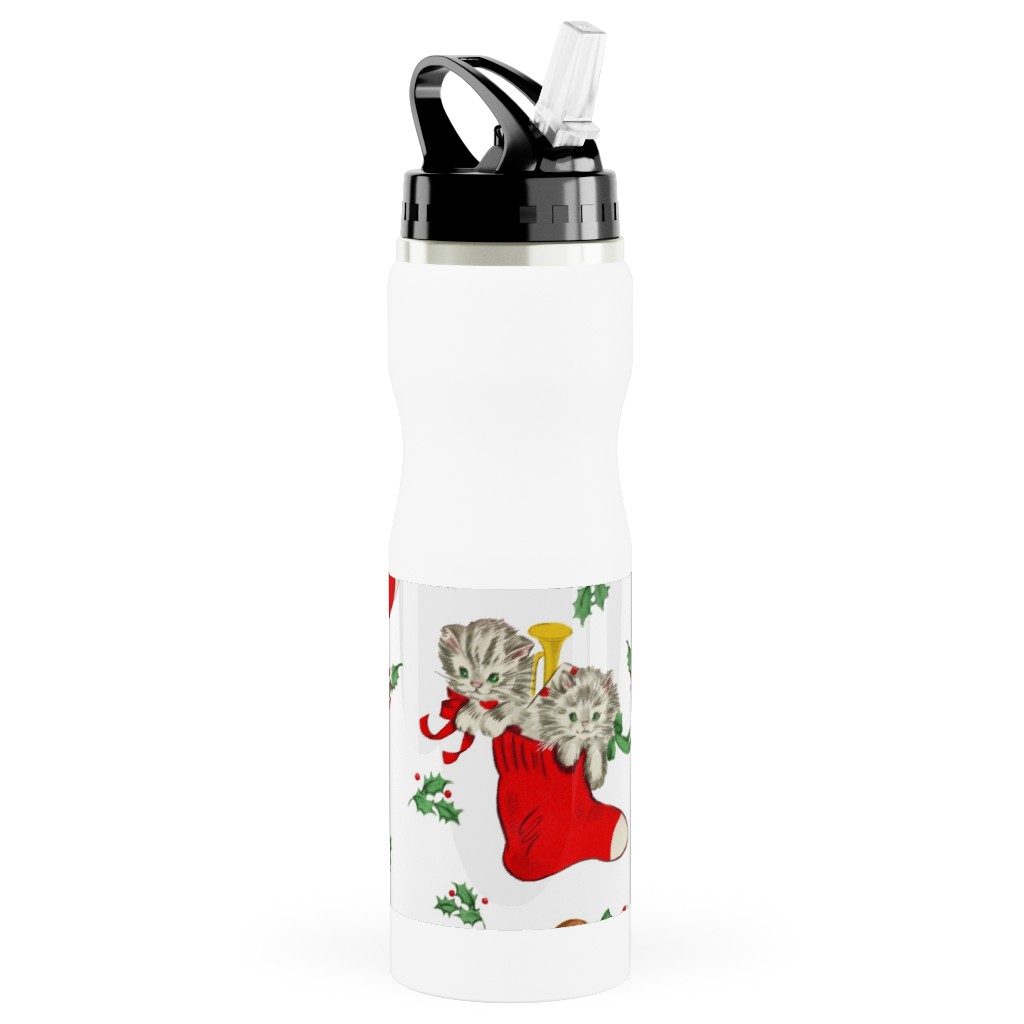 Vintage Christmas Kittens and Puppies Stainless Steel Water Bottle with Straw, 25oz, With Straw, Multicolor