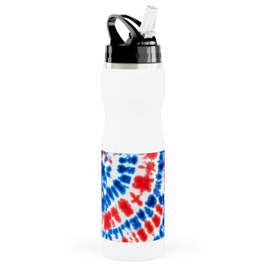 Tie Dye - Blue, Red and White Stainless Steel Water Bottle with Straw, 25oz, With Straw, Multicolor