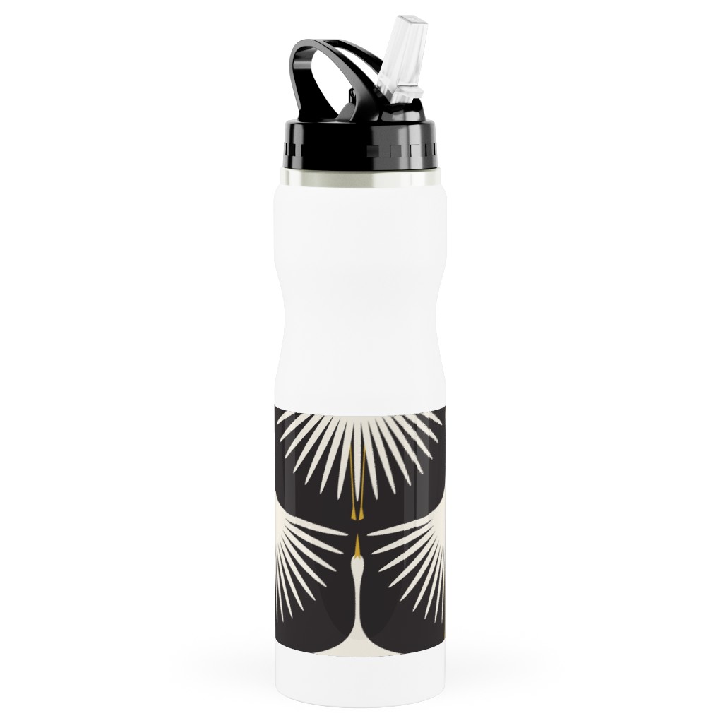 Art Deco Swans Stainless Steel Water Bottle with Straw, 25oz, With Straw, Black, Silhouette