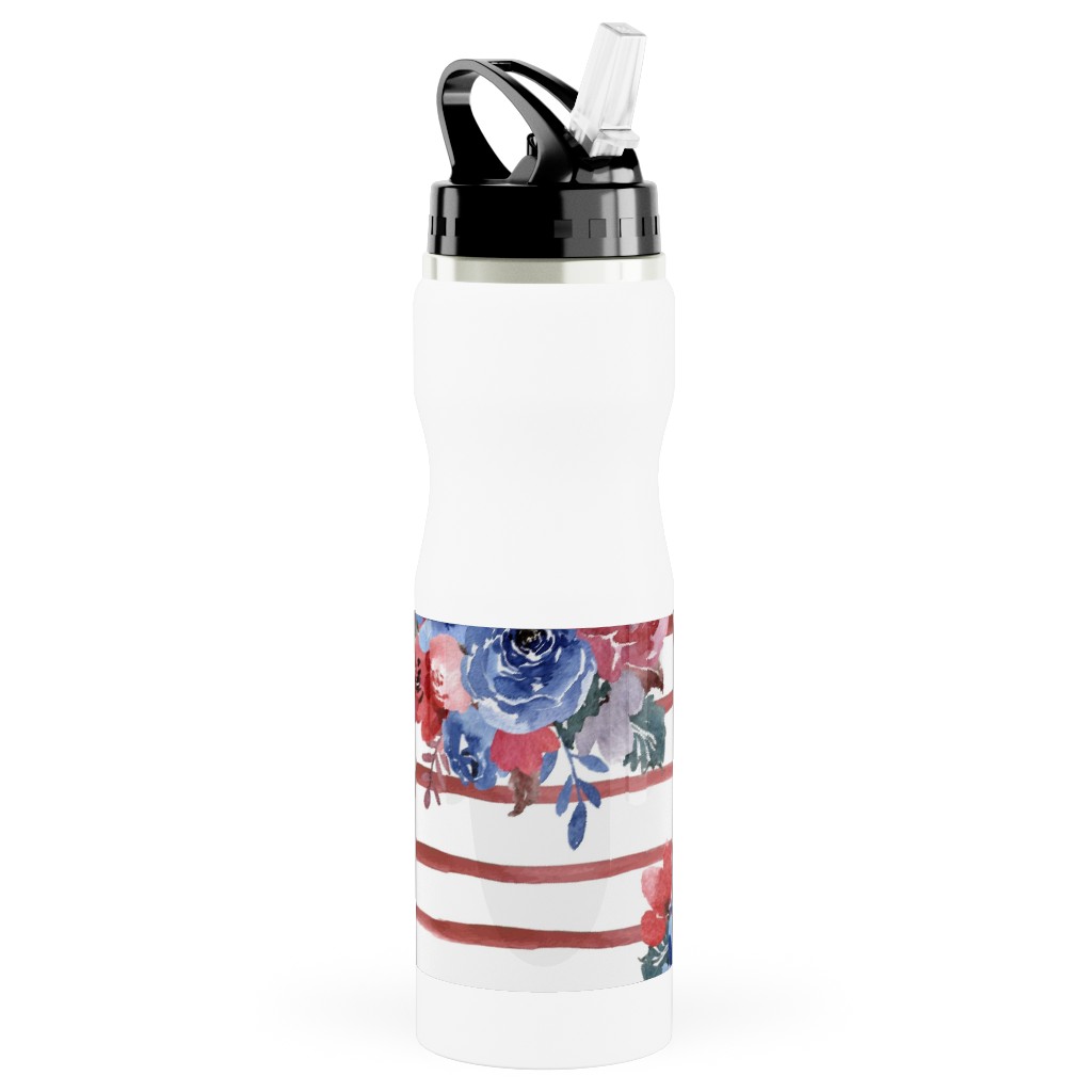 Freedom Florals With Red Stripes - Multi Stainless Steel Water Bottle with Straw, 25oz, With Straw, Red, Red