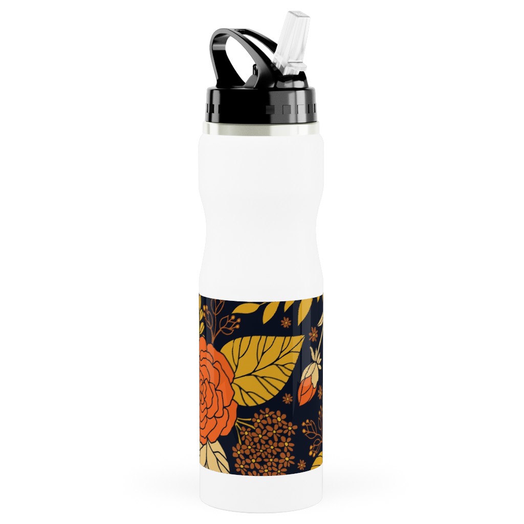 Retro Floral - Orange Brown and Yellow Stainless Steel Water Bottle with Straw, 25oz, With Straw, Orange