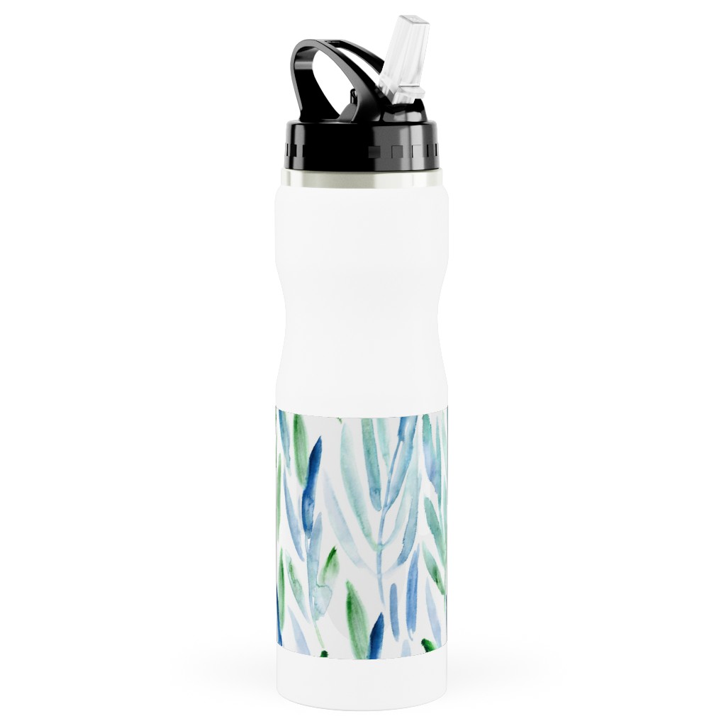 Watercolor Eucalyptus Leaves - Blue and Green Stainless Steel Water Bottle with Straw, 25oz, With Straw, Green