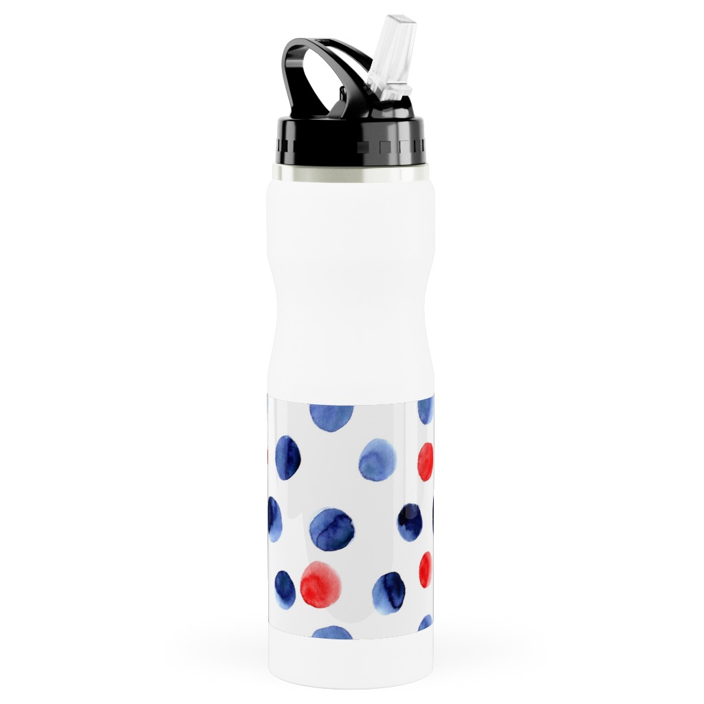 Red and Blue Watercolor Dots Stainless Steel Water Bottle with Straw, 25oz, With Straw, Blue