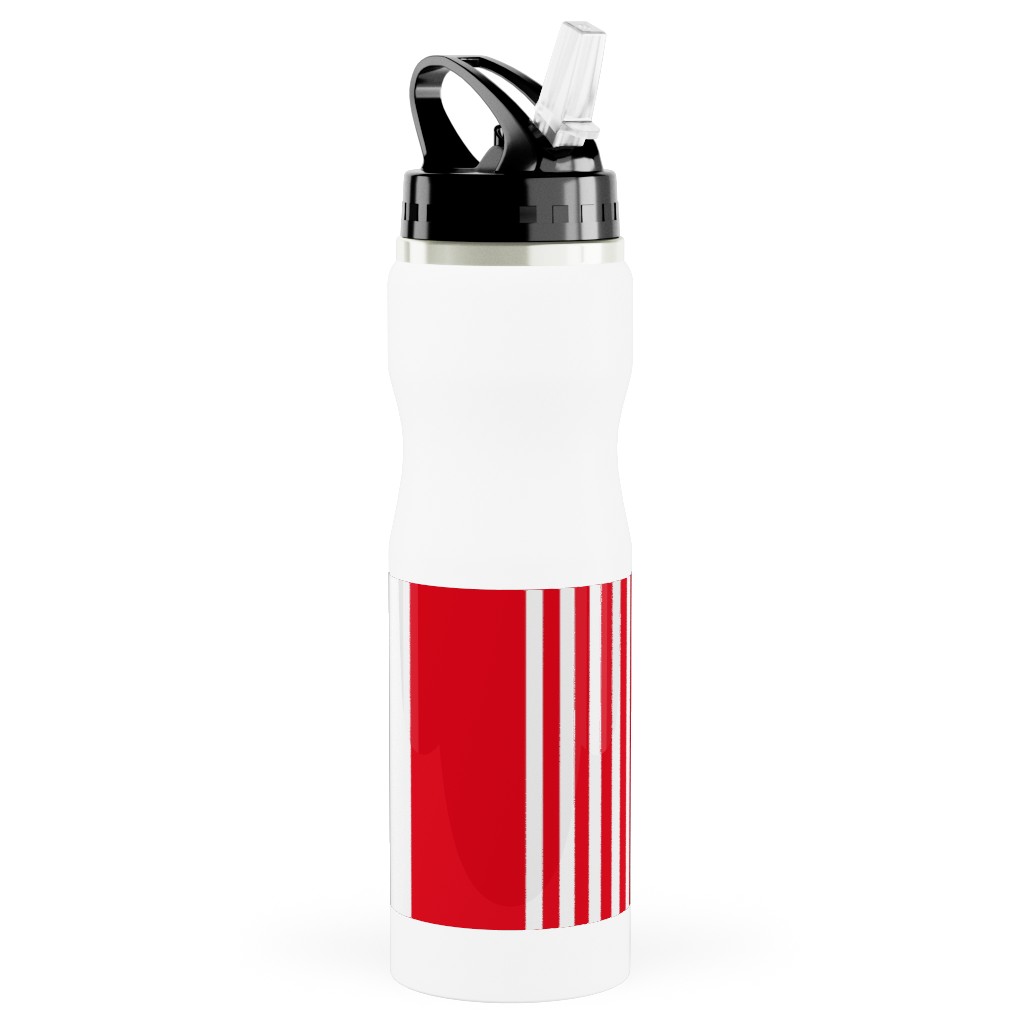 Turkish Stripes Vertical- Canada Day - Red and White Stainless Steel Water Bottle with Straw, 25oz, With Straw, Red