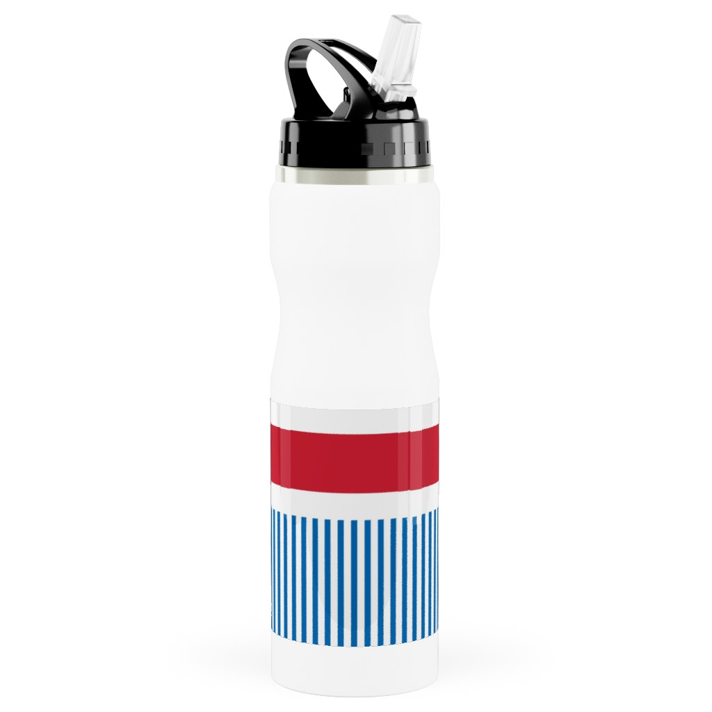 American Flag - Red, White and Royal Blue Stainless Steel Water Bottle with Straw, 25oz, With Straw, Blue