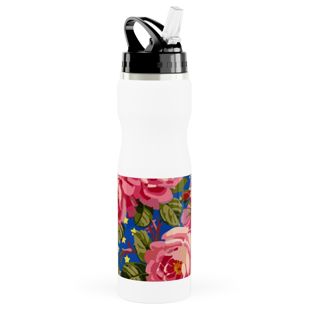 Americana Summer Roses - Blue Stainless Steel Water Bottle with Straw, 25oz, With Straw, Blue