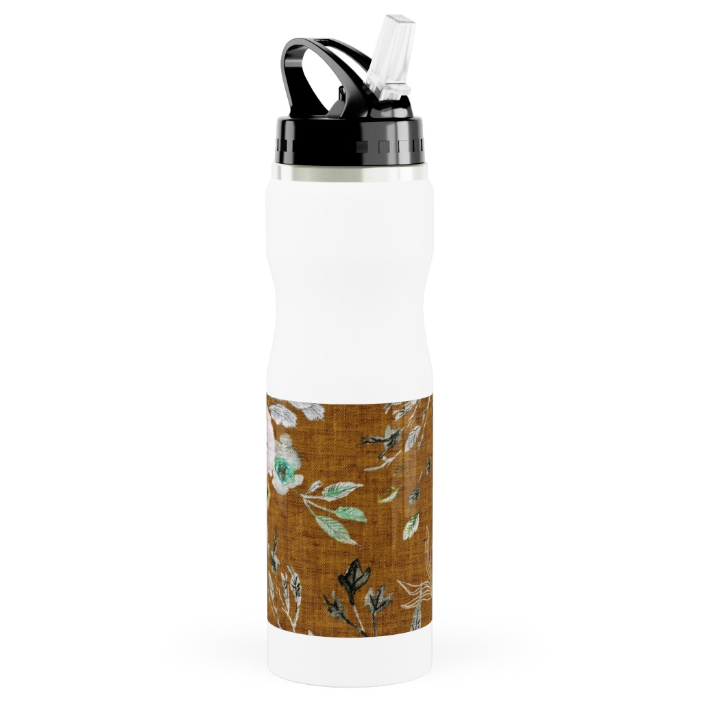La Boheme Floral - Russet Stainless Steel Water Bottle with Straw, 25oz, With Straw, Brown